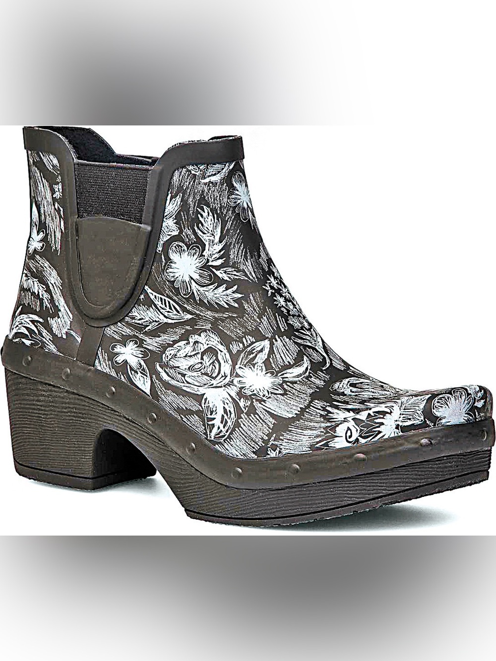 Dansko Rosa Rain Boots Size EU 38 US 7.5 Rubber Gray Floral Black